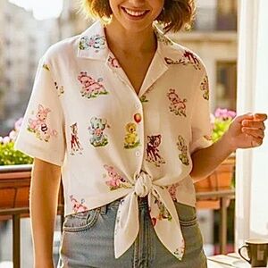 Sami Ryan BSR Nursery Rhymes Vintage Baby Animals White Crop Tie Front Medium